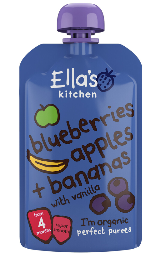 Ellas Kitchen ekologisk blåbär, äpple, banan, vaniljpuré 4mån 120g