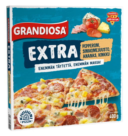Grandiosa extra pepperoni, blåmögelost, ananas och skinka stenugnspizza 400g djupfryst
