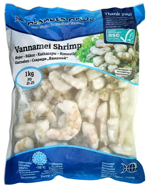 Planets Pride ASC Vannamei shrimps 21-25 1kg/750g peeled raw frozen