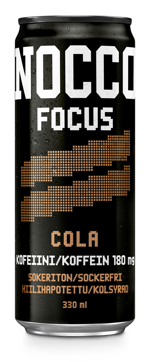 330ml NOCCO FOCUS med smak av cola, kolsyrad energidryck berikad med aminosyror, koffein och vitaminer