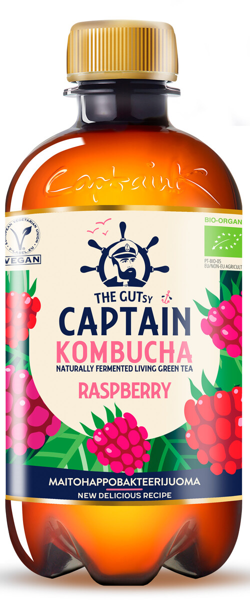 The Gutsy Captain Kombucha California Raspberry, hallon smaksatt kombucha dryck ekologisk 400ml