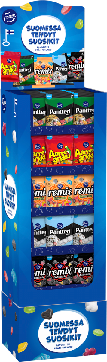 MixDSP Fazer Share Pantteri Mix, Aarrearkku, Remix Favourites, Remix Salmiakki, Lumi Pantteri candy bag 90x220-230g 5var