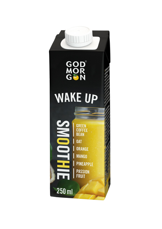 God Morgon Wake Up vihreä kahvipapu-kaura-appelsiini-mango-ananas-passionhedelmä smoothie 250ml
