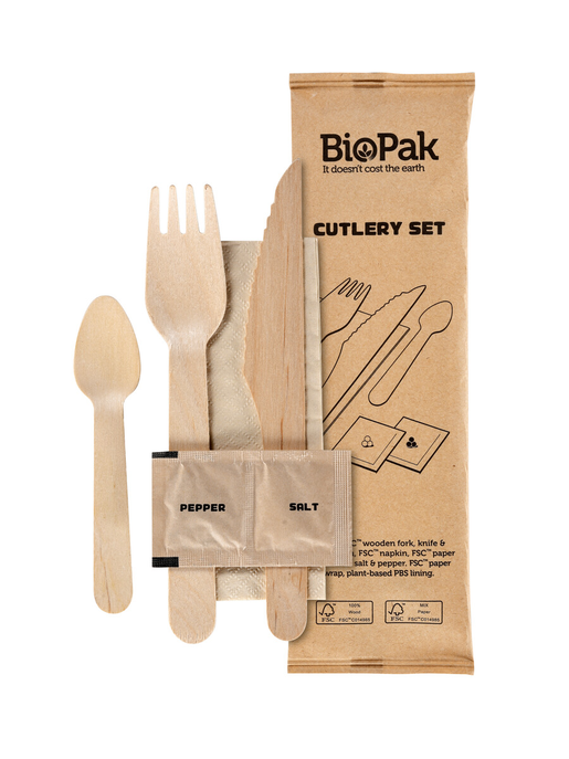 Biopak cutlery set waxed wood fork, knife, napkin, coffee spoon, salt and pepper 210mm