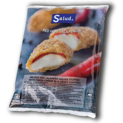 Salud cheese stuffed red jalapenos 1kg breadered, frozen