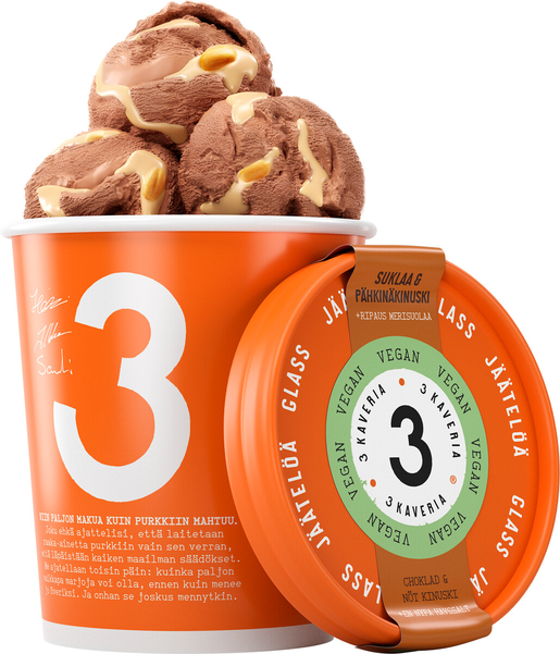 3 Kaveria suklaa pähkinäkinuski jäätelö 500ml vegaaninen