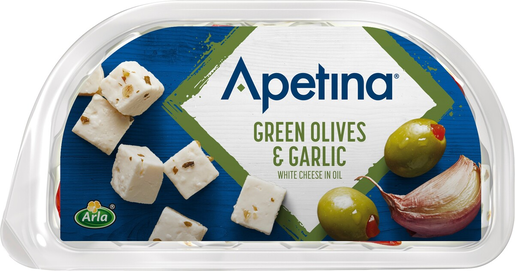 Apetina snack vihreitä oliiveja, valkosipulia ja välimerellisiä juustokuutioita öljyssä 100/60g