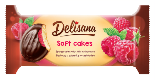 Delisana Soft Cakes pehmeä leivoskeksi vadelma 135g vadelmanmakuisella hyytelöllä (52%) suklaakuorrutteella.