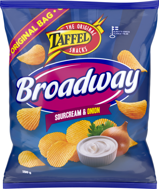 Taffel Broadway sour cream and onion flavoured potato chips 150g
