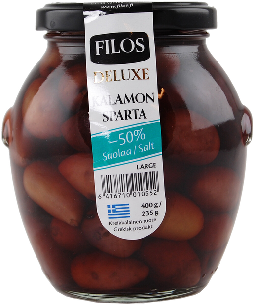 Filos deluxe large Kalamon Sparta oliivi 400/235g -50% suolaa