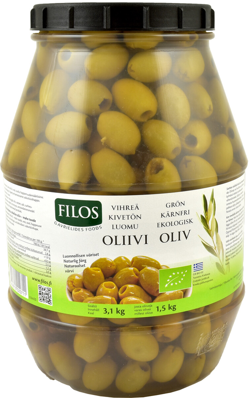 Filos green olive pitted organic 3/1,5kg