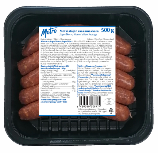 Metro hunter's raw sausage 500g frozen