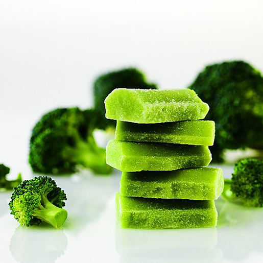 Findus Broccoli purée 2kg. Heat treated and individually quick frozen in pellets.