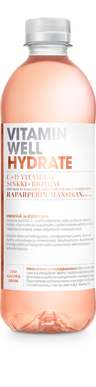 500ml Vitamin Well Hydrate, med smak av rabarber och jordgubb, utan kolsyra