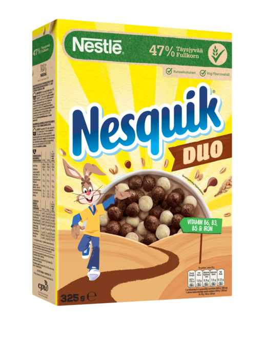 Nestlé Nesquik Duo kaakaomuroja ja valkoisella suklaalla kuorrutettuja muroja 325g