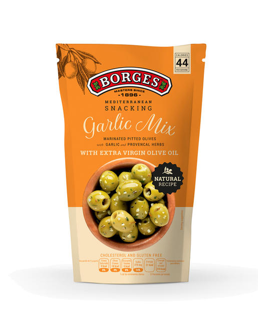 Borges Garlic Mix kivettömiä vihreitä oliiveja ja valkosipulia extra-neitsytoliiviöljyssä 350/150g