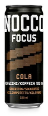 330ml NOCCO FOCUS med smak av cola, kolsyrad energidryck berikad med aminosyror, koffein och vitaminer