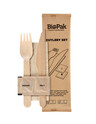 Biopak bestickpaket vaxad trä gaffel, kniv, servett, salt och peppar 210mm
